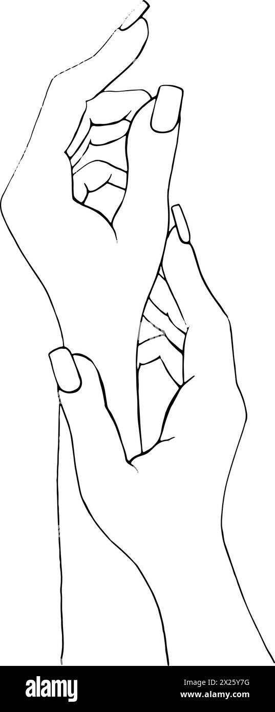 Einfarbige, handgezeichnete weibliche Hände. Schwarz-weiße Vektor-Illustration Hand in Hand. Stock Vektor