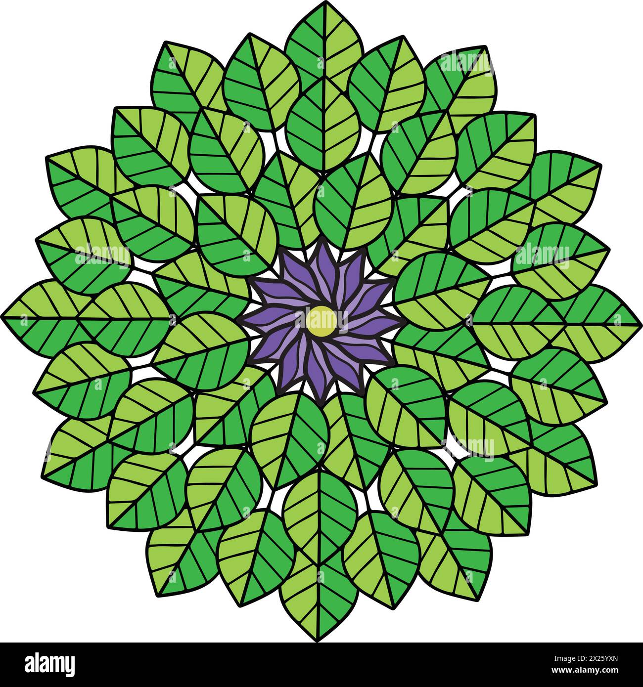 Kreis aus grünen Blättern mit einer lila Blume in der Mitte, perfekt für den Einsatz in Web-Design- und Grafikdesign-Projekten Stock Vektor