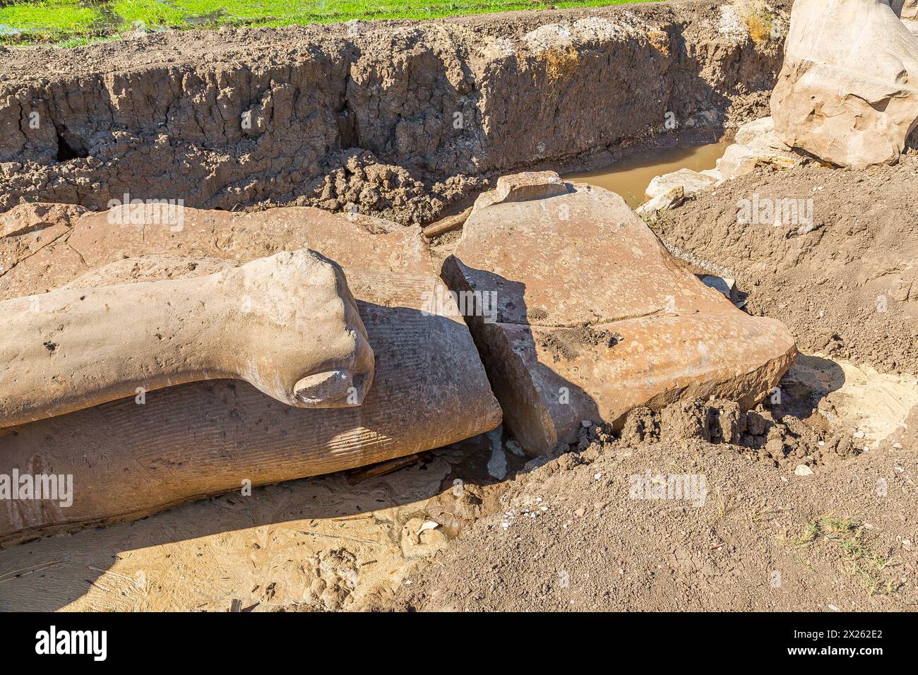 Ägypten, Luxor West Bank, KOM el Hettan, der millionenjährige Tempel von Amenhotep 3 : Wiederentdeckung von 2 Kolossen am Nordtor (Foto 2012). Stockfoto