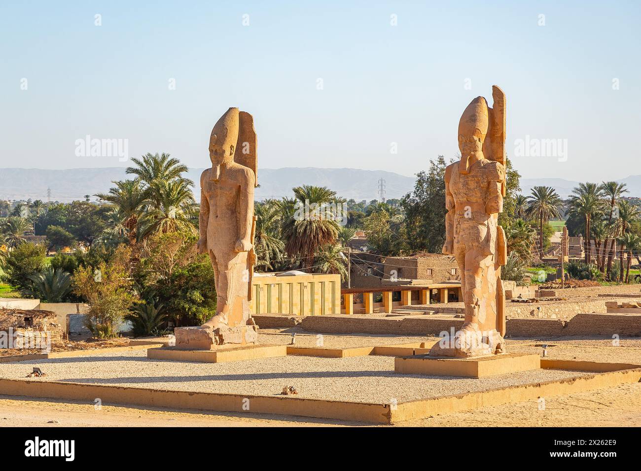 Ägypten, Luxor West Bank, KOM el Hettan, der millionenjährige Tempel von Amenhotep 3, Nordtor : 2 Kolosse kürzlich wieder errichtet (Foto 2024). Stockfoto
