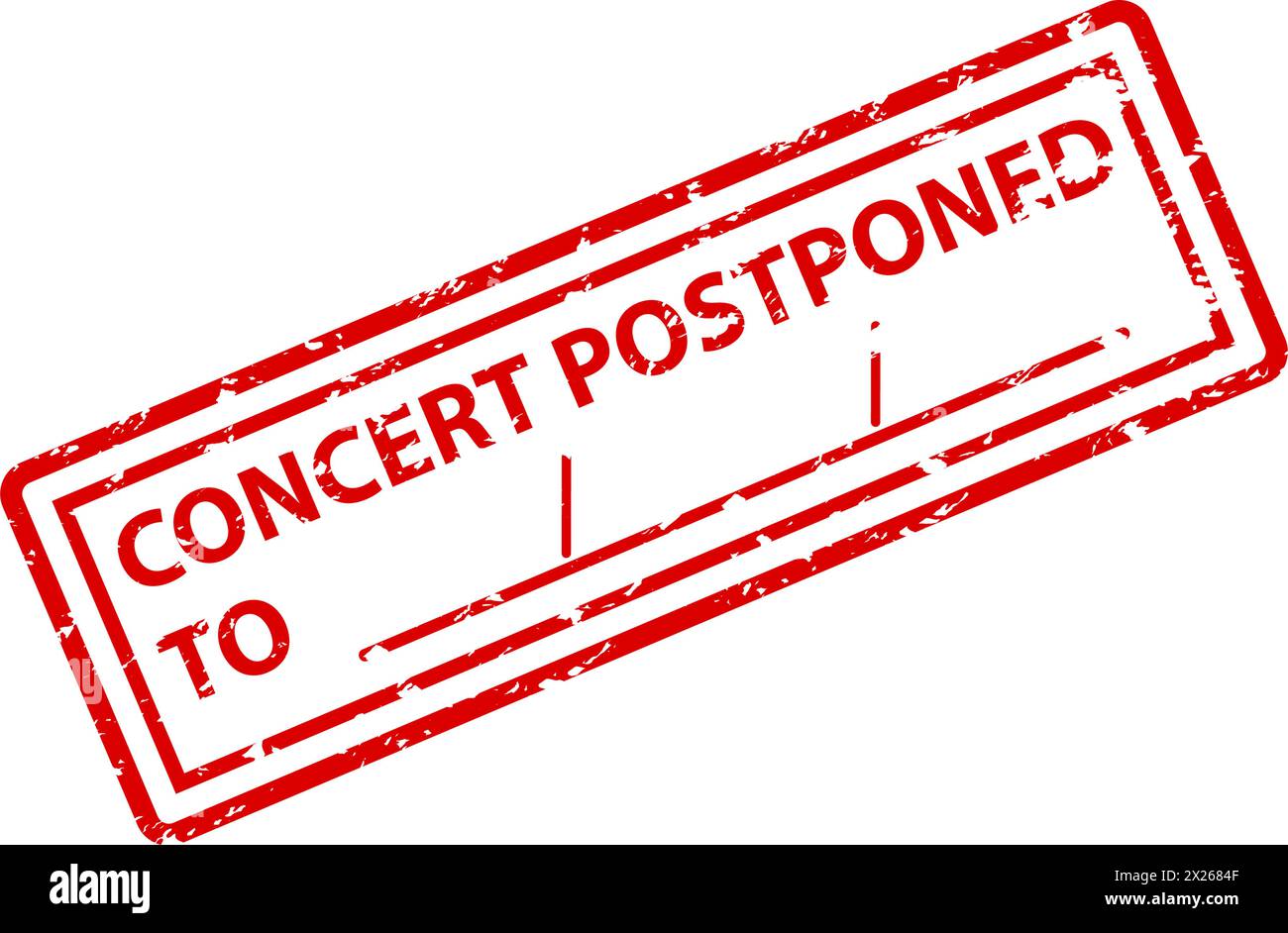 Gedruckter Gummistempel des Konzerts verschoben auf zur Benachrichtigung und Ankündigung auf Poster-Veranstaltung. Vektor für Ticket-Aktualisierung, Hinweis und Änderung, Abbildung von anno Stock Vektor
