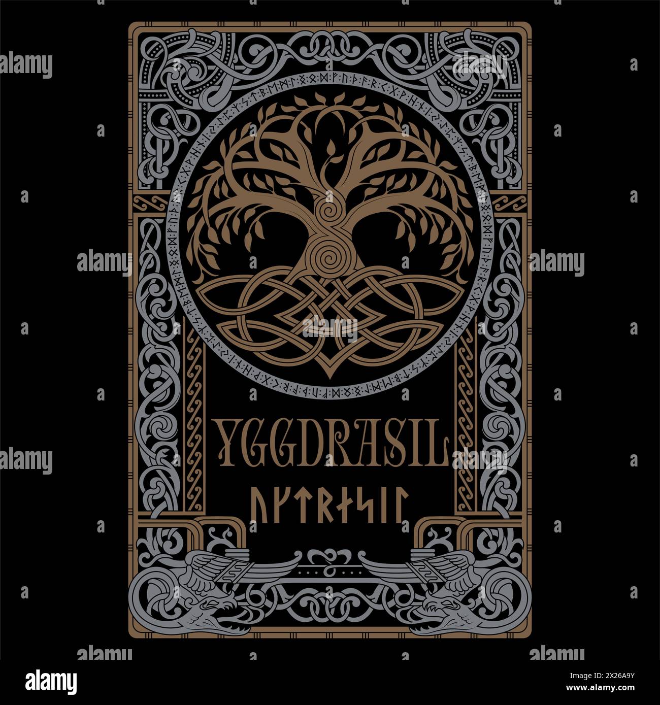 Viking-Design. Weltbaum aus der skandinavischen Mythologie - Yggdrasil- und keltisches Muster, Rahmen. Gemalt im altnordisch-keltischen Stil Stock Vektor