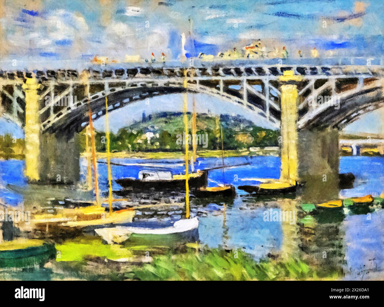 Brücke über den Fluss bei Argenteuil, 1874 (Gemälde) des Künstlers Monet, Claude (1840–1926) Französisch. Stock Vektor