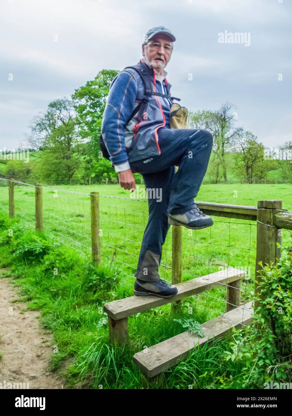Das Bild zeigt einen offenen Stufenstiel aus dem Landzaun. Diese sind in Ordnung, solange Ihre Knie und Hüften in Ordnung sind, aber Sie haben keine Chance, kleine Kinder und Hunde über diesen Ständer zu bekommen, und beide erfordern, dass sie über den Ständer angehoben werden Stockfoto