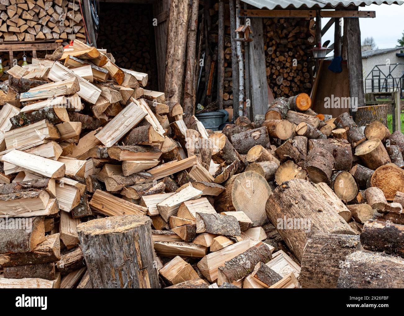 Holzpfähle im Hof, Holzverarbeitung für die Wintersaison, Brennstoffversorgung, Holzheizung auf dem Land Stockfoto