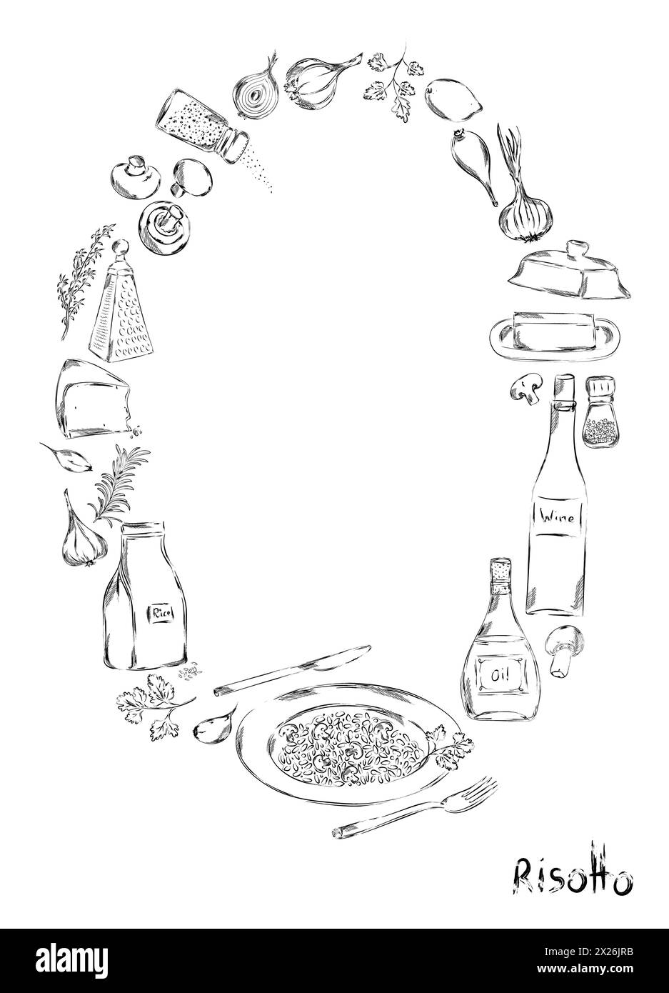 Grafisches Risotto-Poster, handgezeichnete Vektor-Illustration. Zutaten für ein italienisches Restaurant oder mediterrane Küche. Risotto Food Elements Clip Art. Feinkost Stockfoto