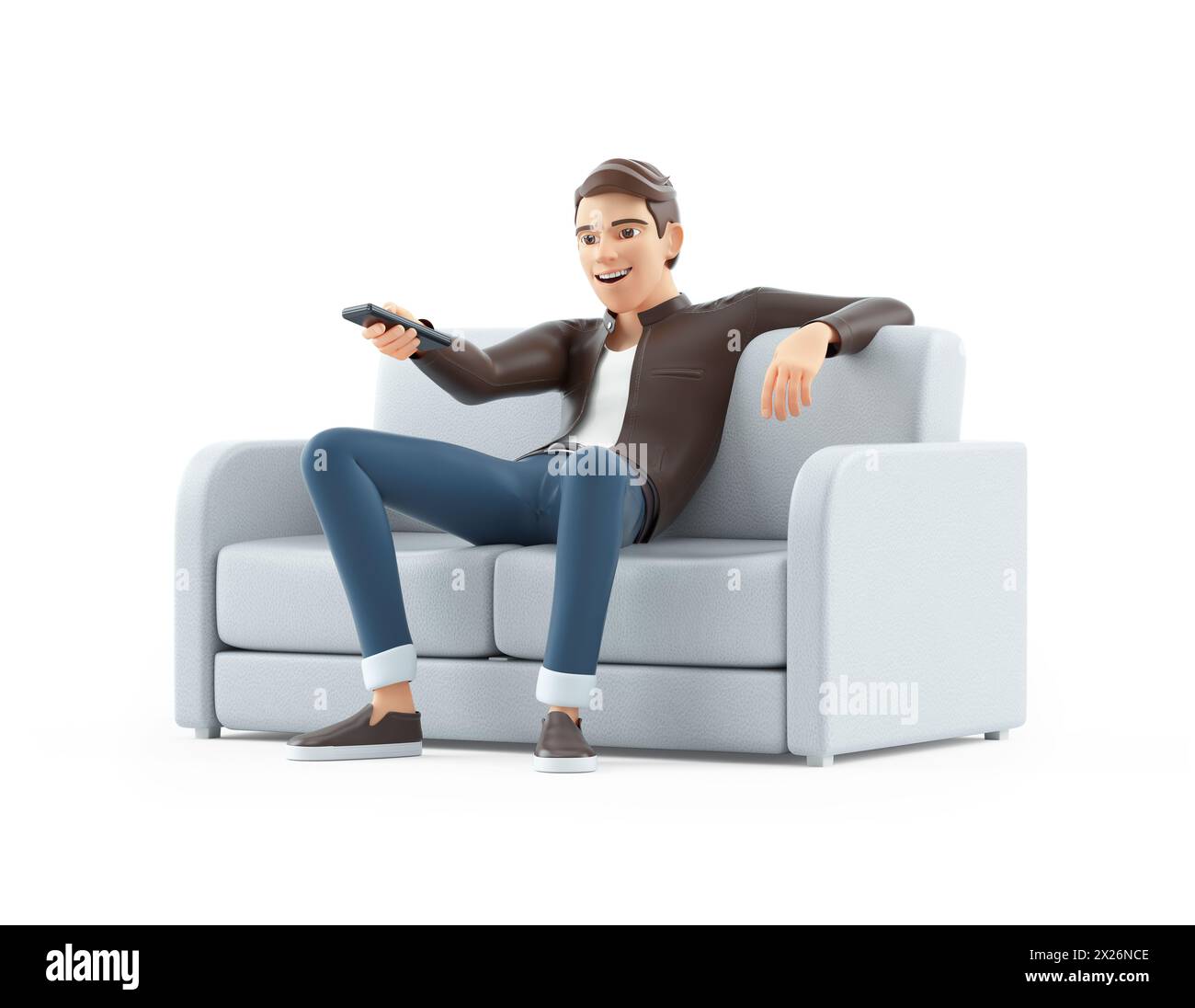 3D-Cartoon-Mann, der auf Sofa sitzt und zappt, Illustration isoliert auf weißem Hintergrund Stockfoto