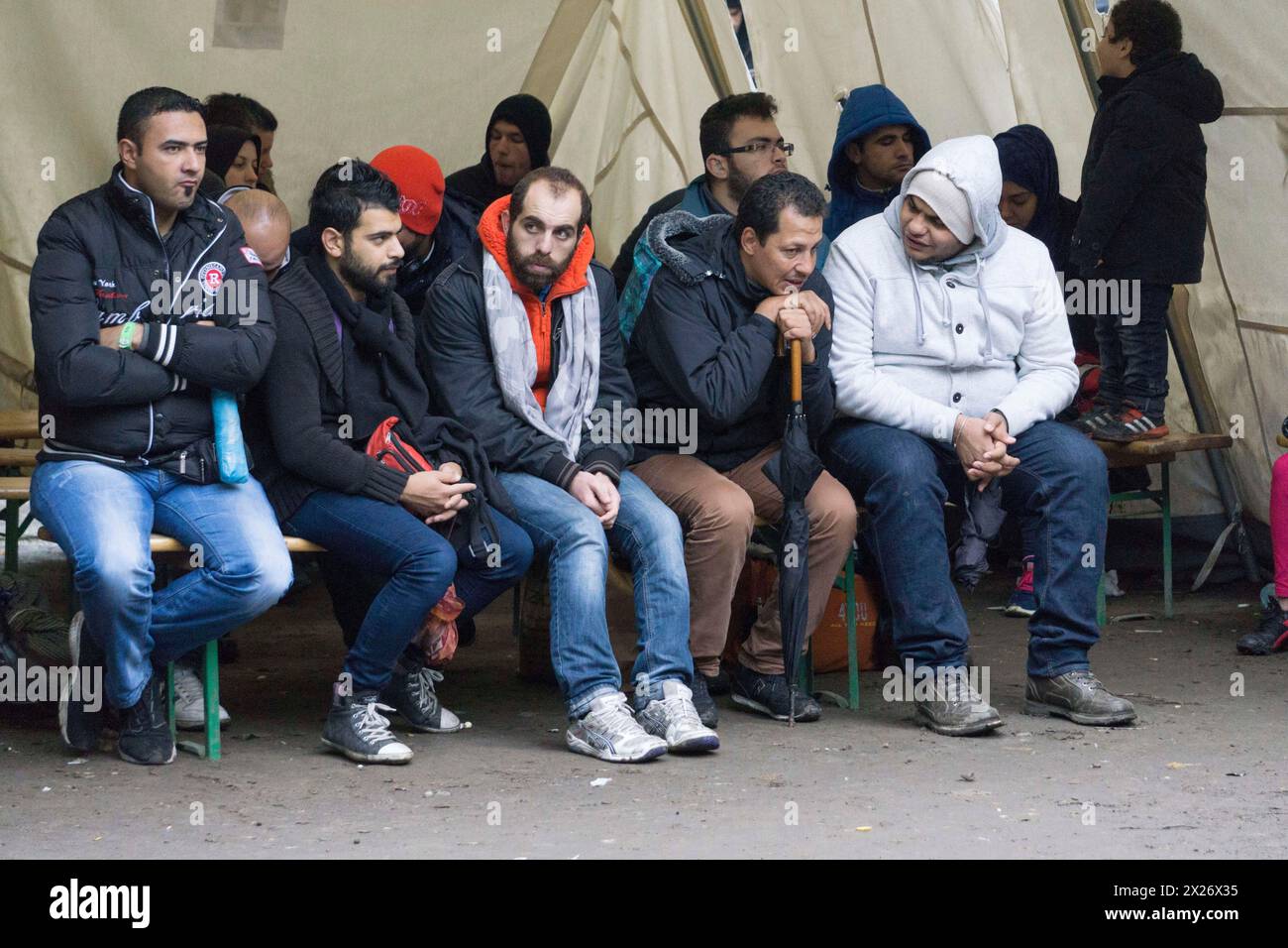 Syrische Flüchtlinge warten bei kaltem und nassem Wetter beim Landesamt für Gesundheit und Soziales Berlin am 20. Oktober 2015 auf ihre Registrierung Stockfoto