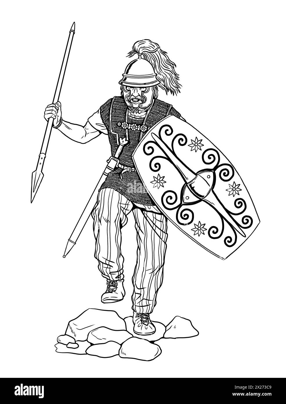 Gallic Warrior beim Angriff. Zeichnen mit römischen Feinden - Barbaren. Stockfoto