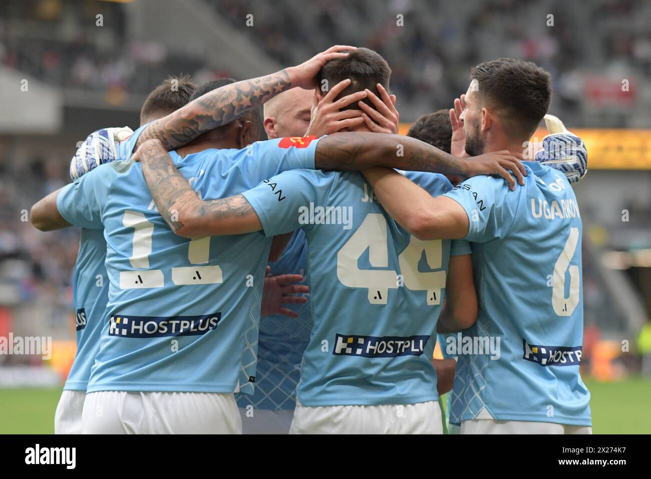 Parramatta, Australien. April 2024. Das Melbourne City FC-Team, das während des 25-Spiels der Isuzu UTE A-League 2023-24 zwischen Western Sydney Wanderers FC und Melbourne City FC im CommBank Stadium zu sehen war. Endergebnis: Melbourne City FC 2:1 Western Sydney Wanderers FC. (Foto: Luis Veniegra/SOPA Images/SIPA USA) Credit: SIPA USA/Alamy Live News Stockfoto