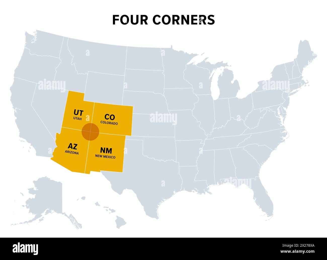 Four Corners, eine Region im Südwesten der Vereinigten Staaten, politische Karte. Nur Region in den Vereinigten staaten, in der vier staaten einen Grenzpunkt teilen. Stockfoto