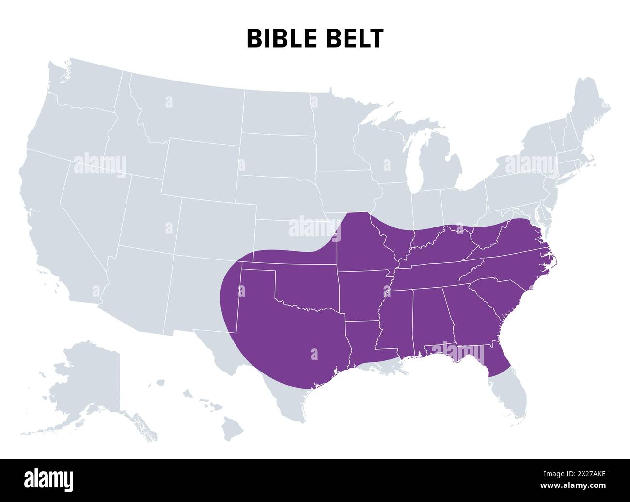 Bibelgürtel der Vereinigten Staaten, politische Karte. Region im Süden der Vereinigten Staaten und Bundesstaat Missouri. Stockfoto