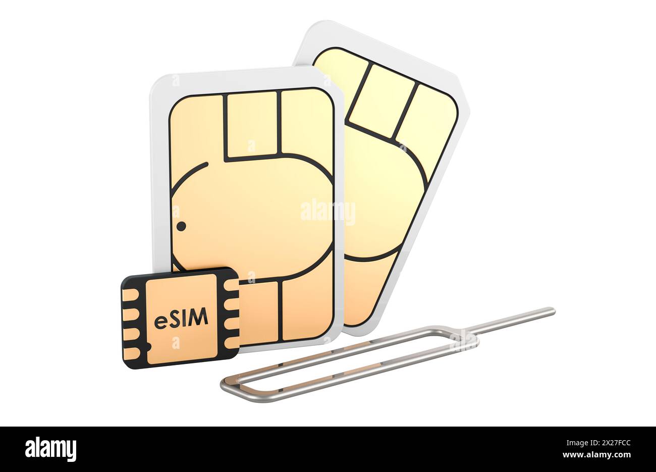 SIM-Karten mit Auswurfstift, 3D-Rendering isoliert auf weißem Hintergrund Stockfoto