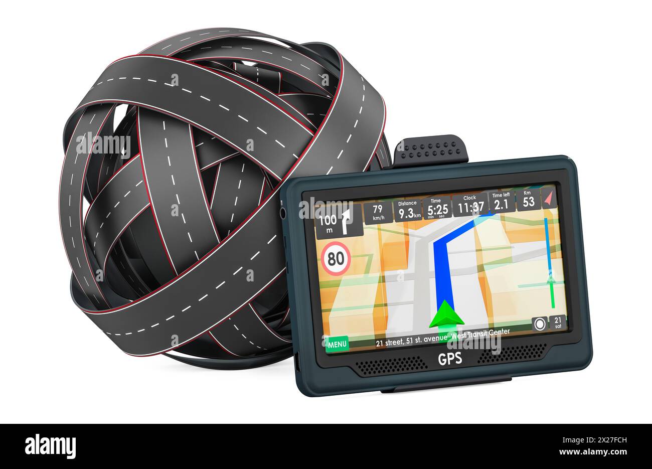 Straßenknoten mit GPS-Navigationsgerät. 3D-Rendering isoliert auf weißem Hintergrund Stockfoto
