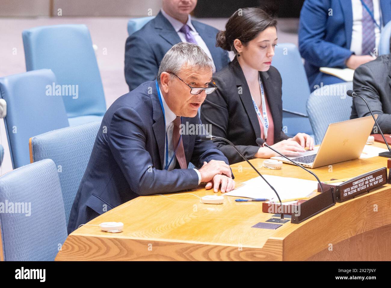 Philippe Lazzarini, Generalkommissar des UNRWA, spricht am 17. April 2024 im Hauptquartier der Vereinten Nationen in New York auf der Sitzung des Sicherheitsrates über die Palästinenserfrage und Fragen gegen das UNRWA Stockfoto