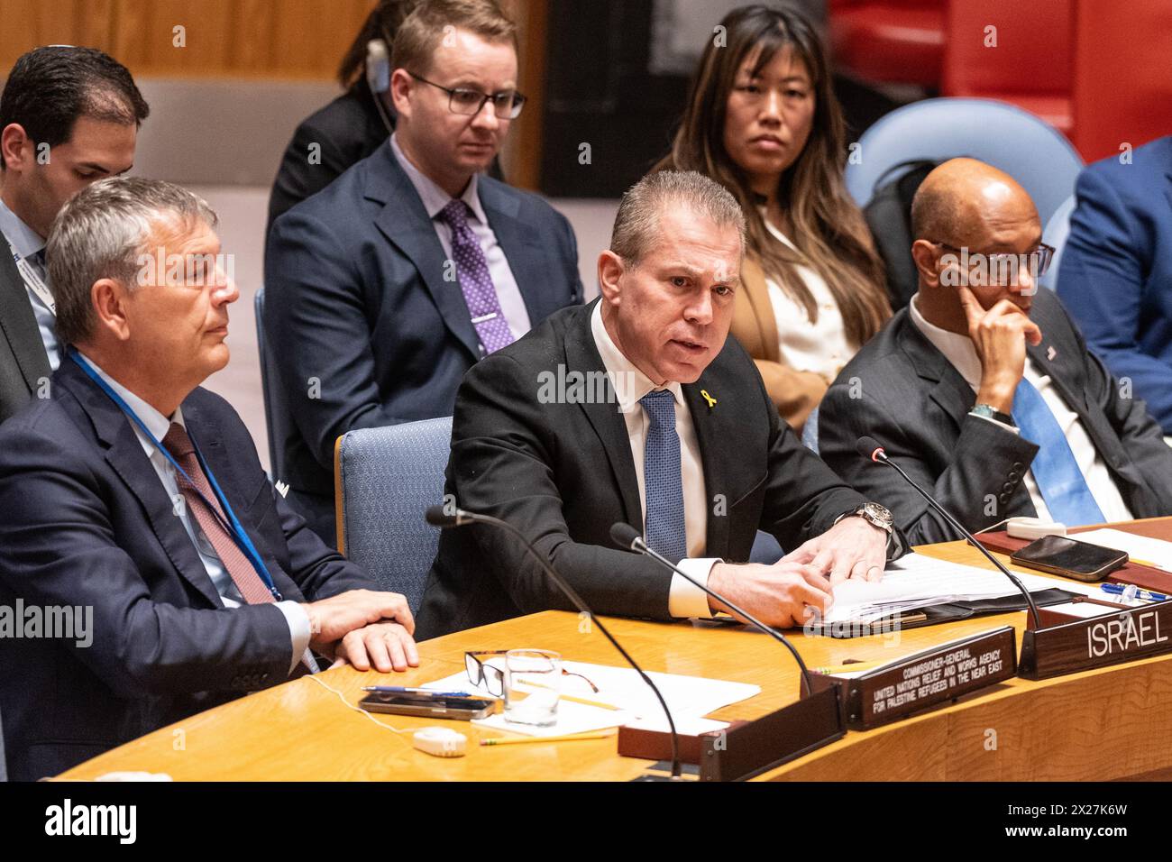 Botschafter Gilad Erdan von Israel spricht während des Treffens des Sicherheitsrats über Palästinenserfrage und Fragen gegen das UNRWA am 17. April 2024 im UN-Hauptquartier in New York Stockfoto