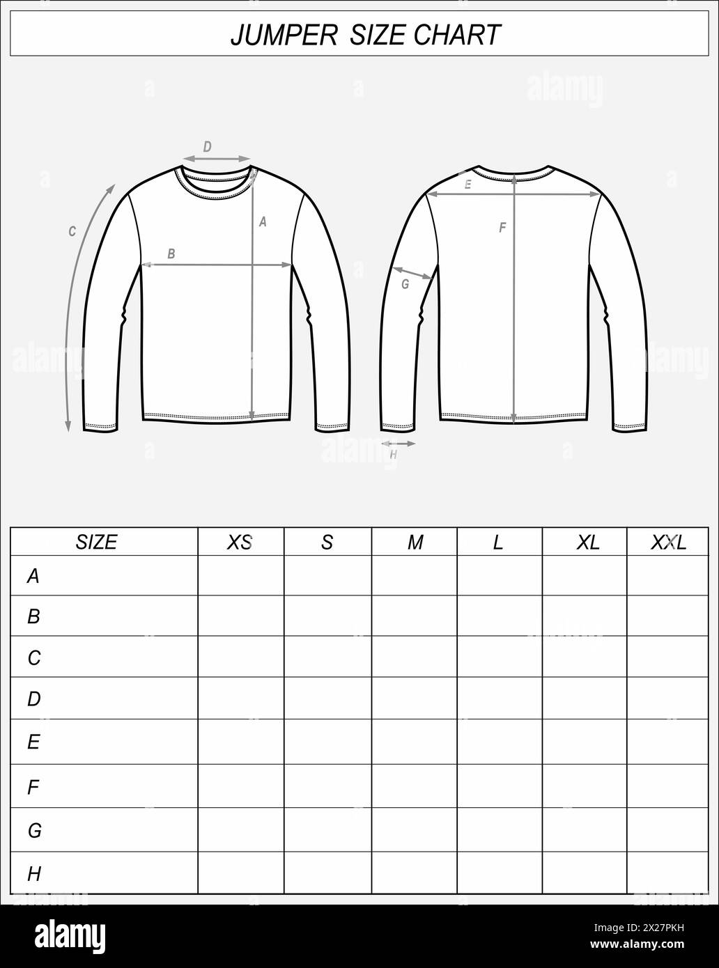 Jumper-Größentabelle. Sweatshirt vorne und hinten skizziert. Abmessungen der Kleidung. CAD-Modell für Männer. Technische Zeichnungsvorlage Vektorillustration. Stock Vektor