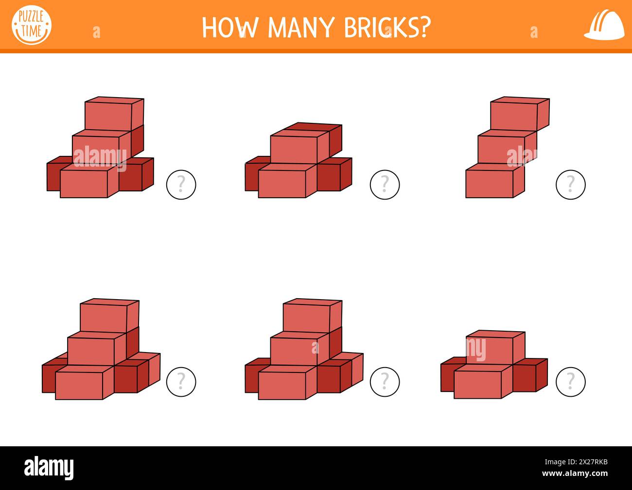 3D-Zählung Baustellenspiel mit Ziegeln. Mathematische und logische Aktivität für Vorschulkinder mit Baumaterial. Arbeitsblatt zur Zählung von Bildungseinrichtungen. H Stock Vektor