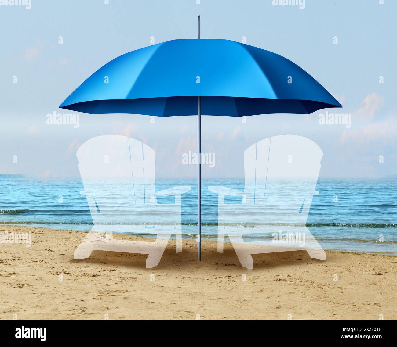 Altersschutz und Alterssicherung als Szene am Strand mit einem Schirm für Finanz- und Pensionsunterkünfte für Babyboomer und -Planung Stockfoto
