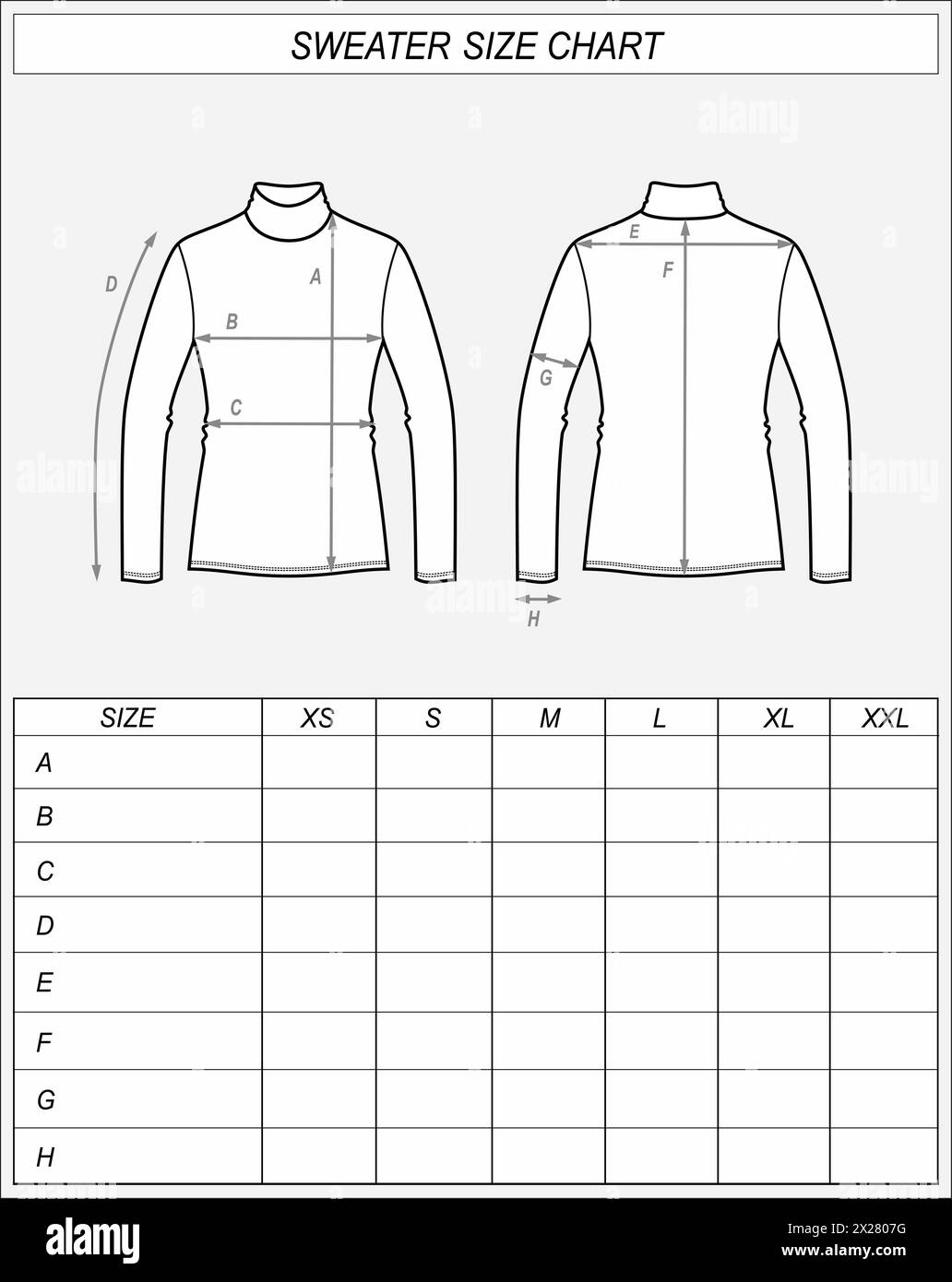 Größentabelle für Rollkragen. Skizze mit Rollkragen vorne und hinten. Abmessungen der Kleidung. CAD-Modell für Frauen. Technische Zeichnungsvorlage Vektorillustration Stock Vektor