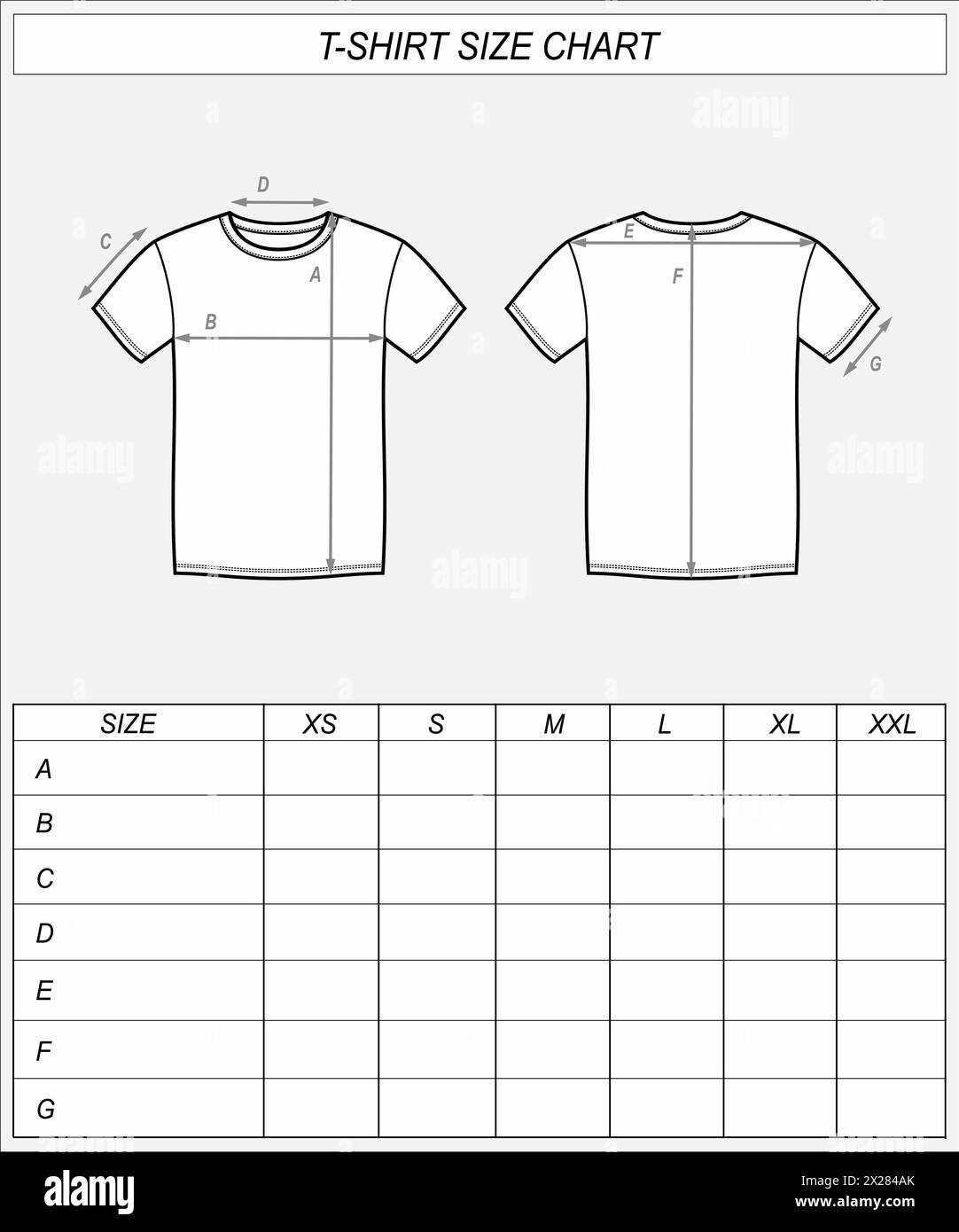 Diagramm der Größe des Thirts. T-Shirt vorne und hinten skizziert. Abmessungen der Kleidung. CAD-Modell für Männer. Technische Zeichnungsvorlage Vektorillustration Stock Vektor