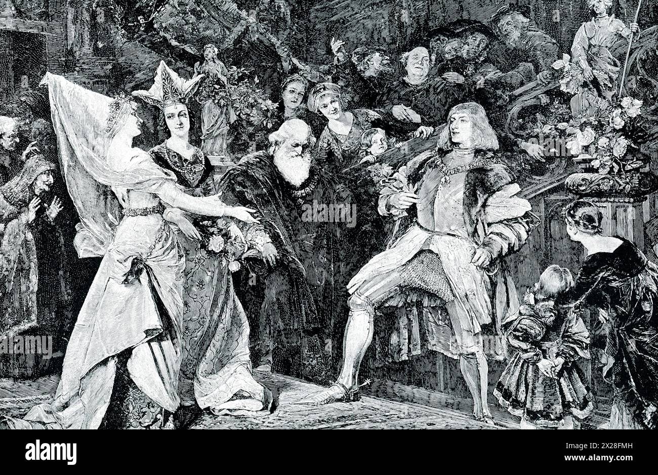 Die Bildunterschrift der frühen 1900er Jahre lautet: „VERLOBTE MAXIMILIANS MIT MARIA VON BURGUND. – Diese Verlobung zwischen der Erbin von Burgund und Maximilian von Österreich legte den Grundstein für all den Reichtum und das Territorium, das das österreichische Haus Habsburg durch Heirat erlangte. Es ist daher ein beliebtes Thema bei österreichischen Künstlern. Die jungen Leute selbst dachten jedoch wenig über die politische Bedeutung ihres Spiels. Sie waren, wie das Bild zeigt, gegenseitig angezogen und verliebt.“ Stockfoto Die Bildunterschrift der frühen 1900er Jahre lautet: „VERLOBTE MAXIMILIANS MIT MARIA VON BURGUND. – Diese Verlobung zwischen der Erbin von Burgund und Maximilian von Österreich legte den Grundstein für all den Reichtum und das Territorium, das das österreichische Haus Habsburg durch Heirat erlangte. Es ist daher ein beliebtes Thema bei österreichischen Künstlern. Die jungen Leute selbst dachten jedoch wenig über die politische Bedeutung ihres Spiels. Sie waren, wie das Bild zeigt, gegenseitig angezogen und verliebt.“ Stockfoto