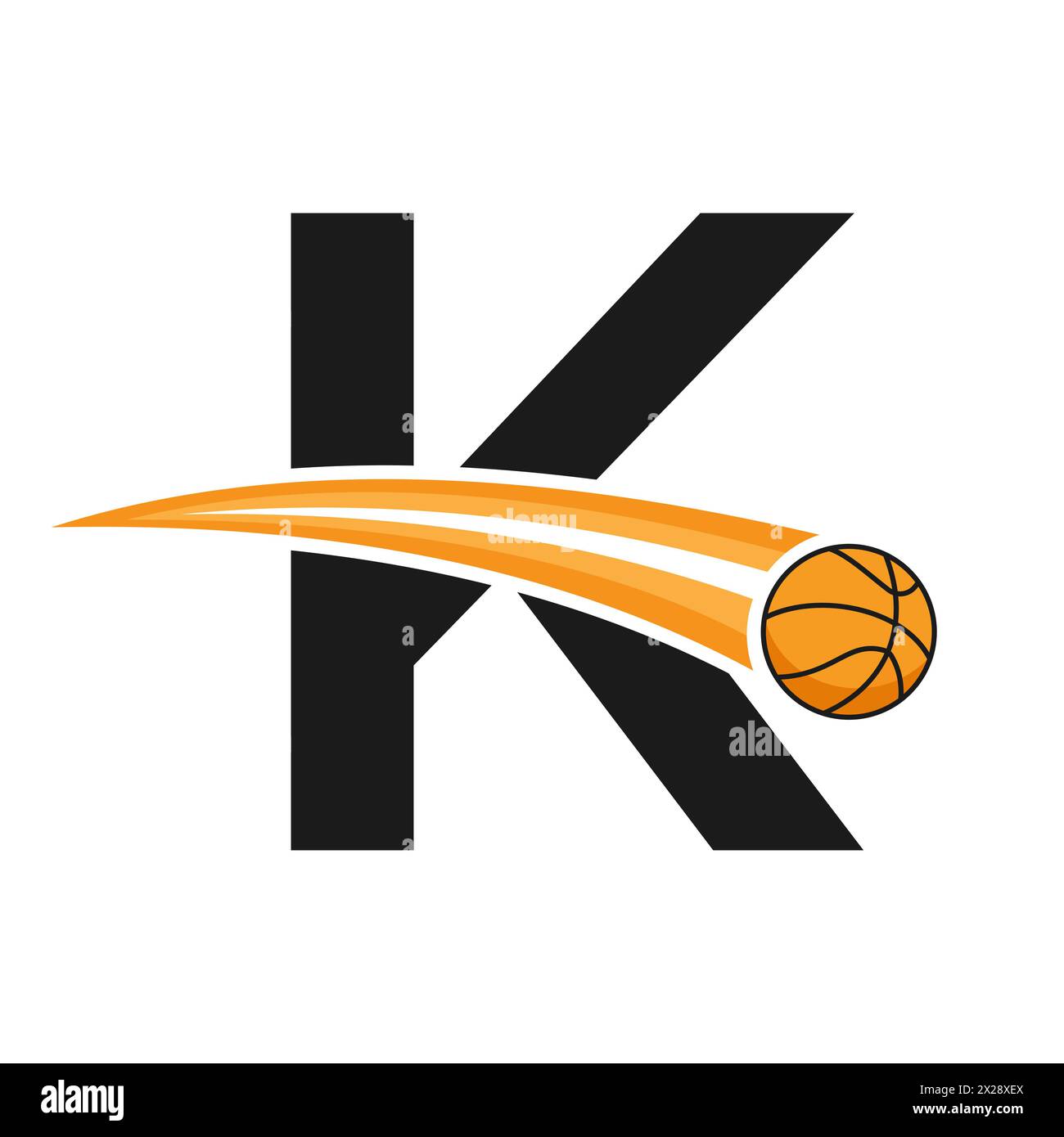Basketball-Logo auf Buchstabe K-Konzept mit beweglichem Basketball-Symbol. Basketball-Schild Stock Vektor