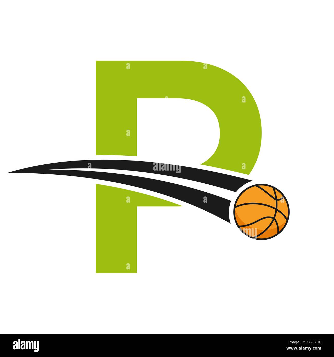 Basketball-Logo auf Buchstabe P-Konzept mit beweglichem Basketball-Symbol. Basketball-Schild Stock Vektor