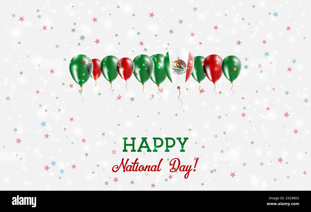 Funkelndes Patriotisches Poster Zum Tag Der Unabhängigkeit Mexikos. Reihe von Ballons in Farben der mexikanischen Flagge. Grußkarte mit Nationalflaggen, Konfetti und Sta Stock Vektor