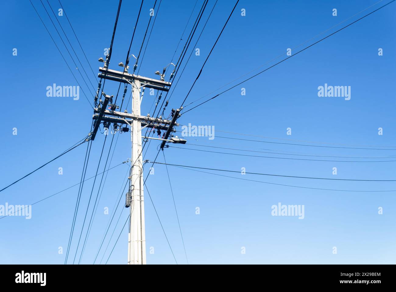 Niedriger Winkel von Power Post und Powerlines vor einem wolkenlosen blauen Himmel. Auckland. Stockfoto