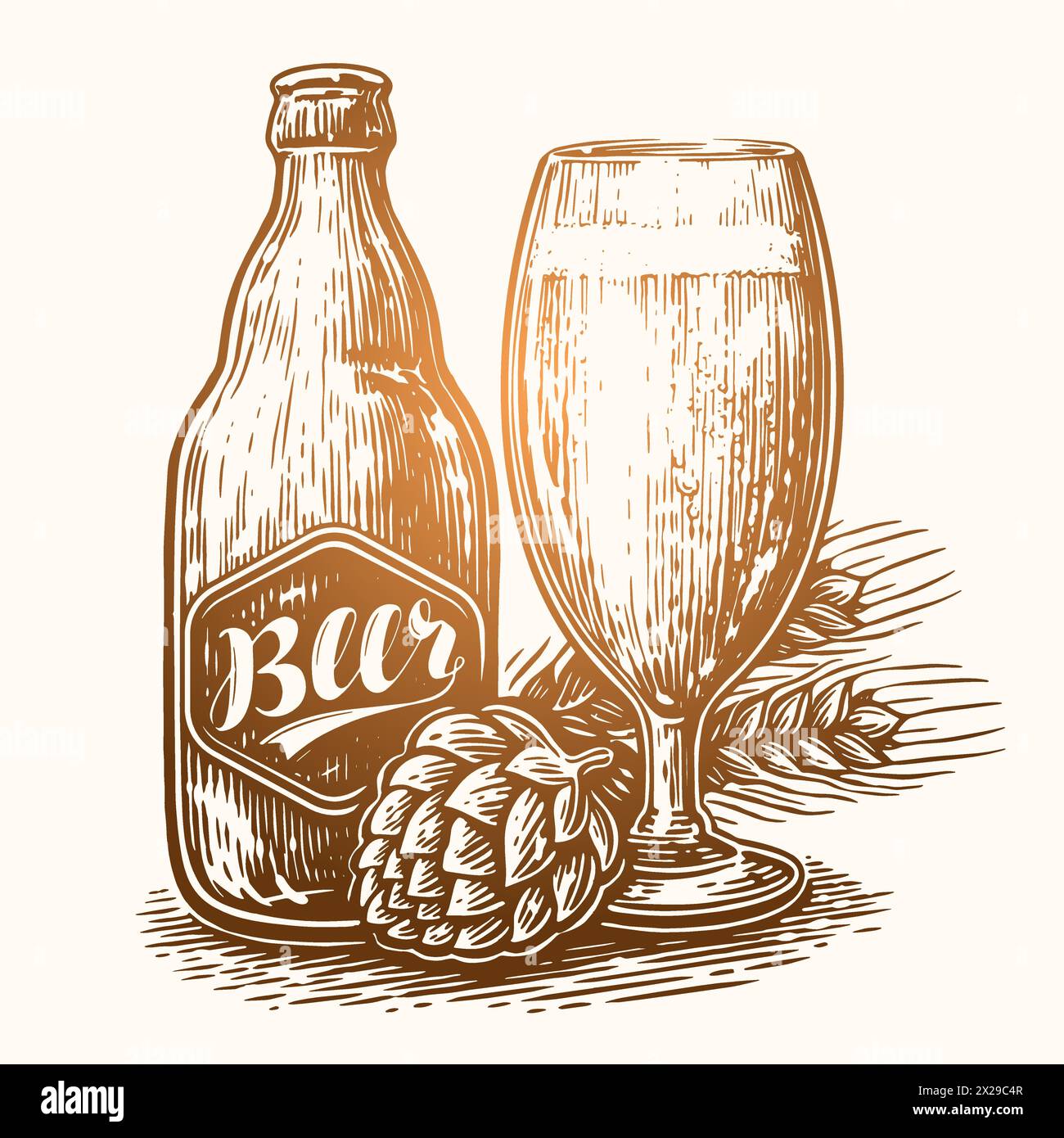 Bierkrug und Glasflasche gefüllt mit Getränk Ale. Vektorillustration, handgezeichneter Skizzenstil Stock Vektor
