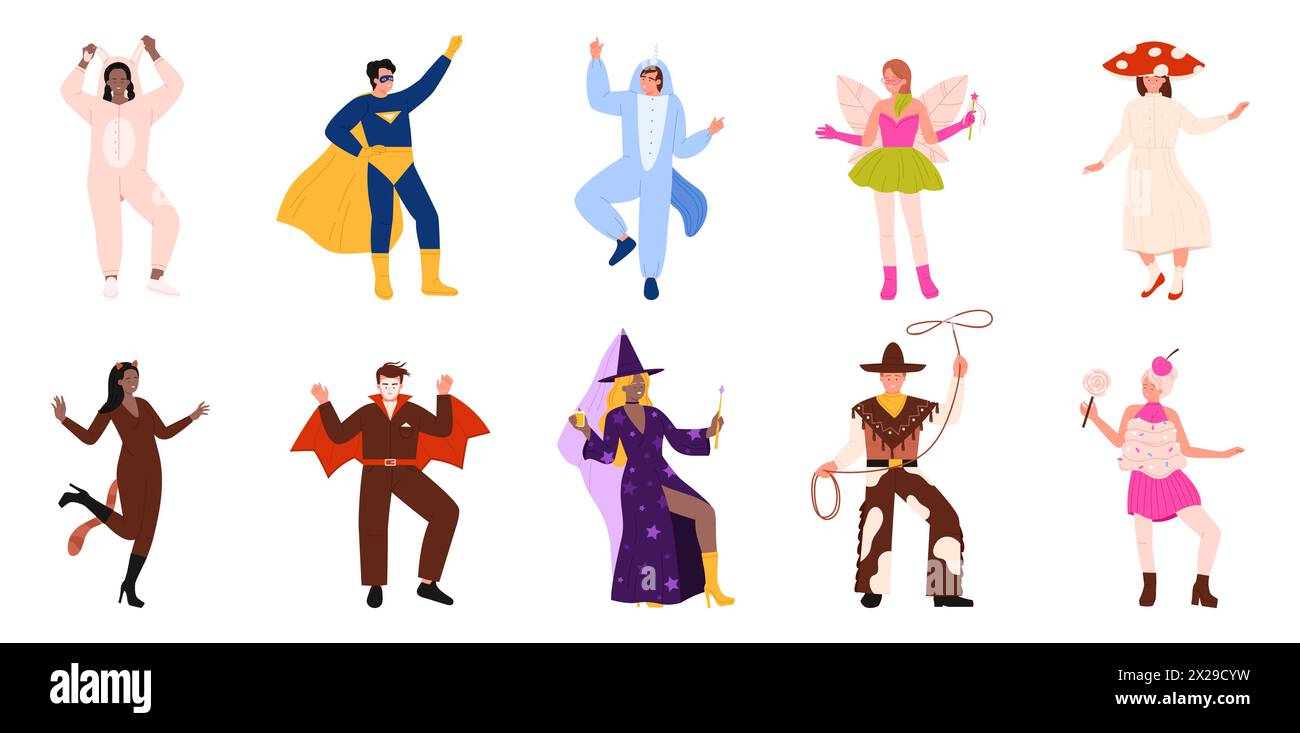 Leute mit Karnevalskostümen. Glückliche männliche und weibliche Charaktere tanzen zur Musik auf Halloween-Party, Cowboy und Fee, Hexenkatze, Superheld und Vampir auf Maskerade-Cartoon-Vektor-Illustration Stock Vektor