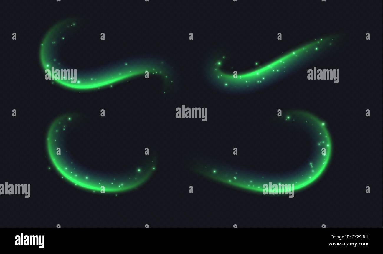 Grüne Geschwindigkeitslinien, Licht in Bewegung, leuchtende Lichtspuren mit Funkeln. Heller Bewegungseffekt, leuchtende Wirbel. Stock Vektor