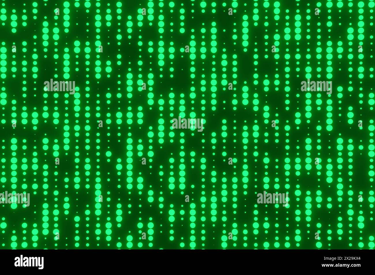 Leuchtende grüne Punkte, die einen Retro-CRT-Bildschirm bilden. Hintergrund und Hintergrundbild zu den Themen Technik, Informatik und Elektronik Stockfoto