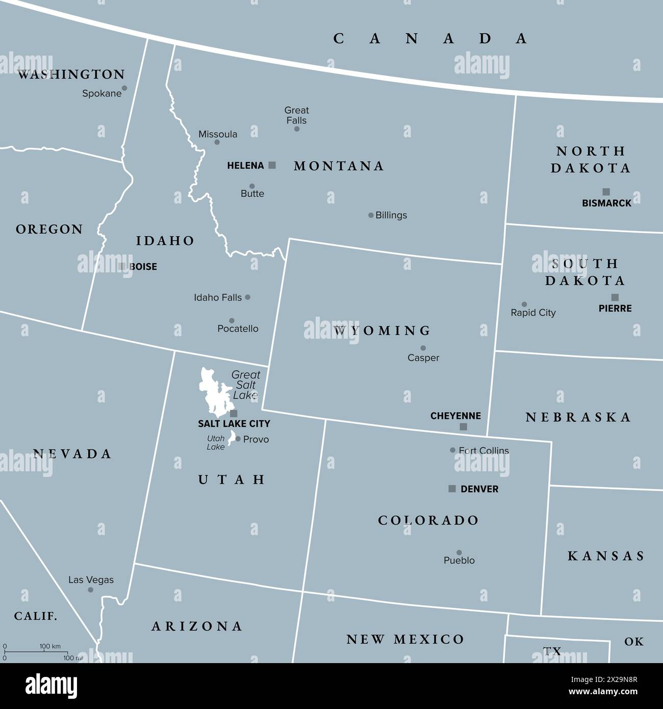 Rocky Mountain Region der Vereinigten Staaten, graue politische Karte. Rocky Mountains, kurz Rockies, trennen den Westen der Vereinigten Staaten von den Great Plains. Stockfoto