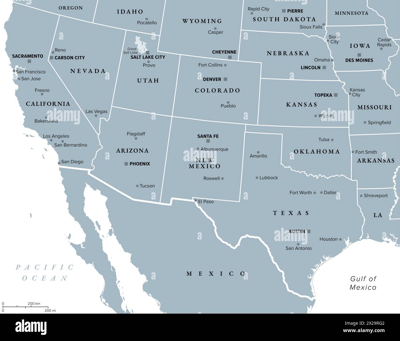 Südwestliche Region der Vereinigten Staaten, graue politische Karte. Staaten des amerikanischen Südwestens, einfach Südwesten. Geografische und kulturelle Region. Stockfoto