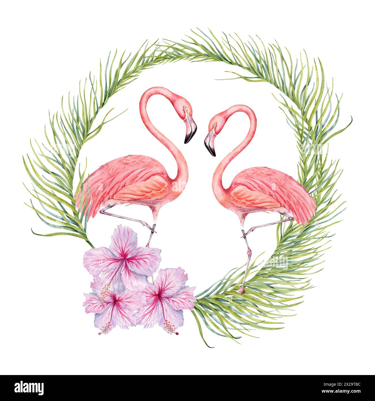 Zwei Flamingovögel mit Hibiskusblüten und Palmenzweigen, Aquarellkomposition. Handgezeichnete Illustration isoliert auf weißem Hintergrund. Stockfoto