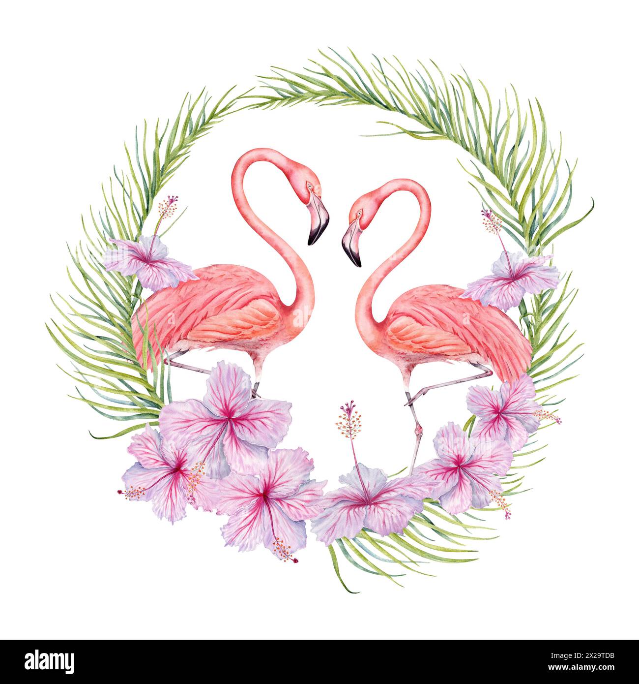 Zwei Flamingovögel mit Hibiskusblüten und Palmenzweigen, Aquarellkomposition. Handgezeichnete Illustration isoliert auf weißem Hintergrund Stockfoto