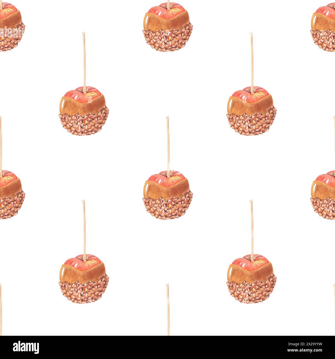 Äpfel Karamell nahtloses Muster handbemalt. Botanische Illustration auf weißem Hintergrund. Art Food Design, Tapeten, Textil, Verpackung Stockfoto