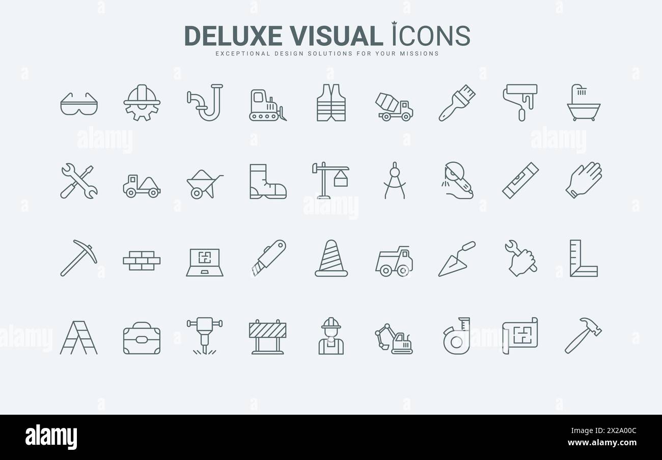 Infrastruktur, Sicherheitsausrüstung und professionelle Ausrüstung für Bau- und Reparaturhäuser, Bauarbeiter Werkzeuge dünne schwarze und rote Umrisssymbole, Vektorillustration. Liniensymbole auf der Baustelle Stock Vektor