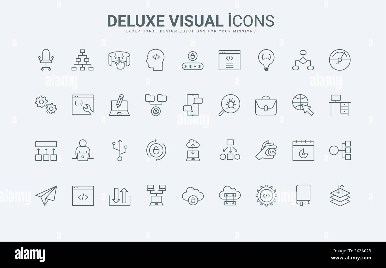 Programmierung und Codierung, Netzwerkverwaltung, schwarze und rote Umrisssymbole in der Cloud, Vektorillustration. Zeilensymbole für Programmcodeentwicklung, Softwaretest und Anwendungsoptimierung gesetzt. Stock Vektor