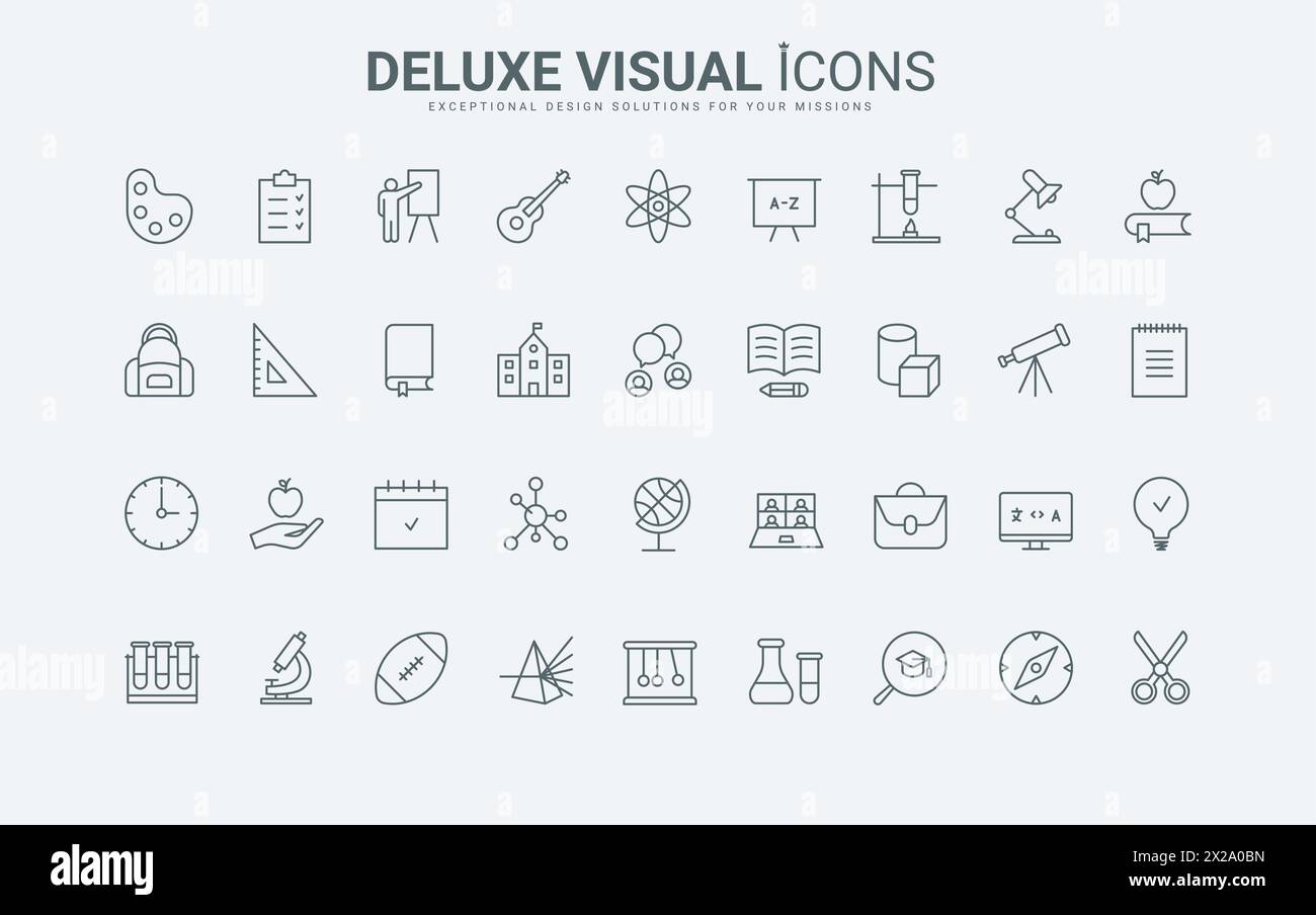 Kenntnisse in Physik und Chemie, Online-Sprachenlernen, Test für Schüler dünne schwarze und rote Umrisssymbole, Vektorillustration. Bildung in Schule, Hochschule und Universität, Linien-Symbole gesetzt. Stock Vektor