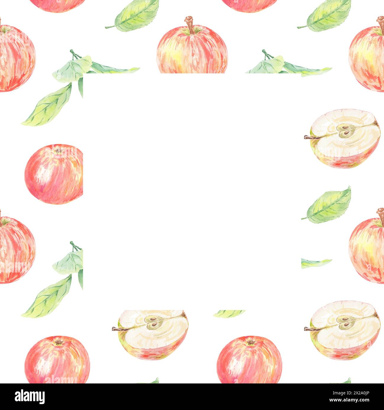 Apfel geschnittene Aquarellrahmen Postkarte rot isolierte Illustration auf weißem Hintergrund. Herbstfrucht für Logo, Menü, Karte. Kunst für Design. Gesundes Menü Stockfoto