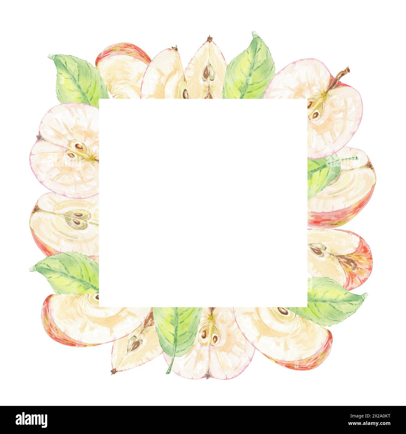 Apfelrot geschnitten und Blätter grün Aquarellrahmen Postkarte isolierte Illustration auf weißem Hintergrund. Herbstfrucht für Logo, Menü, Karte. Kunstdesign Stockfoto