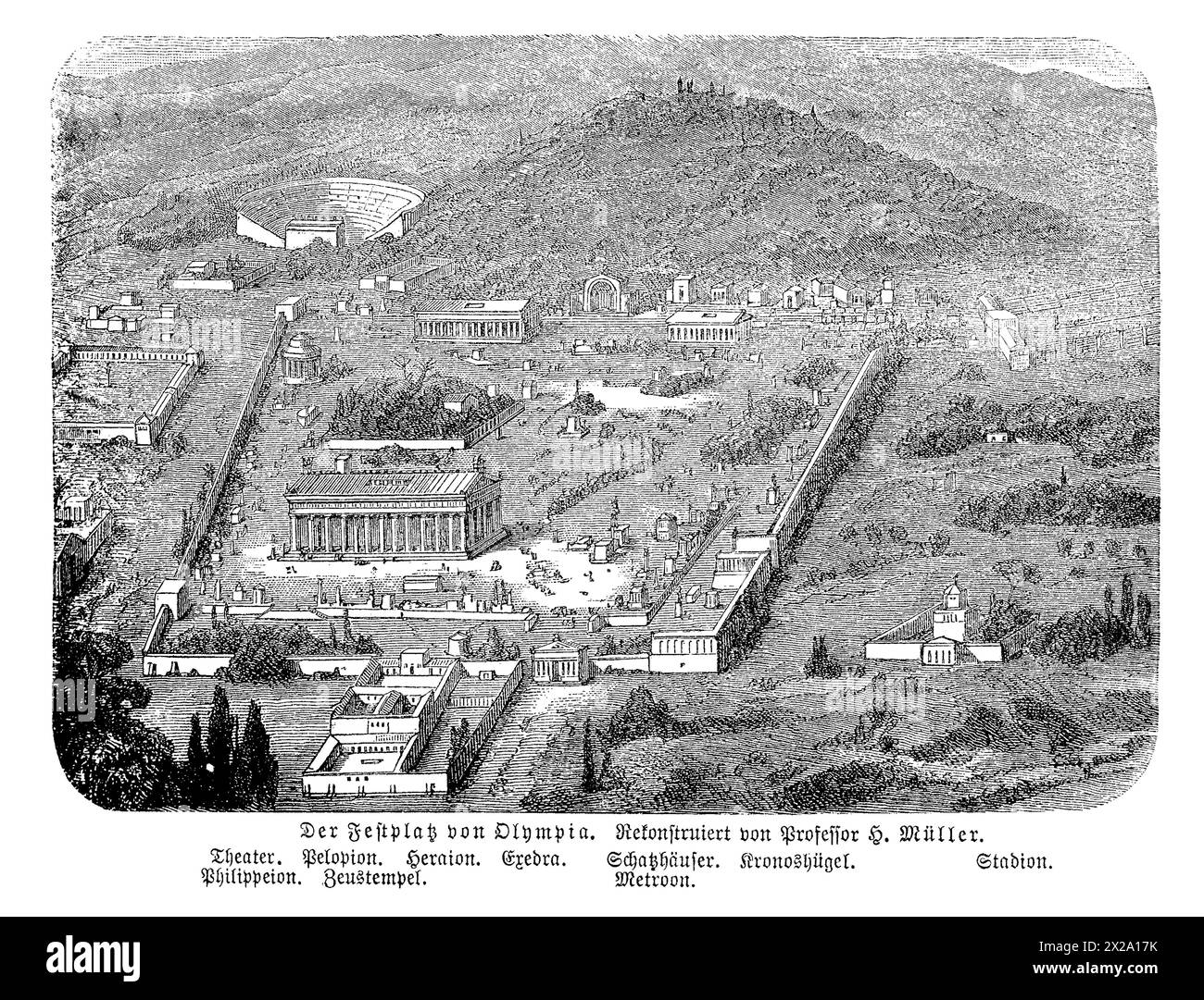 Eine detaillierte künstlerische Rekonstruktion der archäologischen Stätte von Olympia in Griechenland, die anschaulich die Pracht der antiken Ruinen veranschaulicht, wo die ersten Olympischen Spiele stattfanden. Dieses Bild zeigt den berühmten Zeus-Tempel, das antike Stadion und die umliegenden Heiligtümer inmitten einer üppigen Landschaft, die an die historische und kulturelle Bedeutung dieses UNESCO-Weltkulturerbes erinnern. Stockfoto