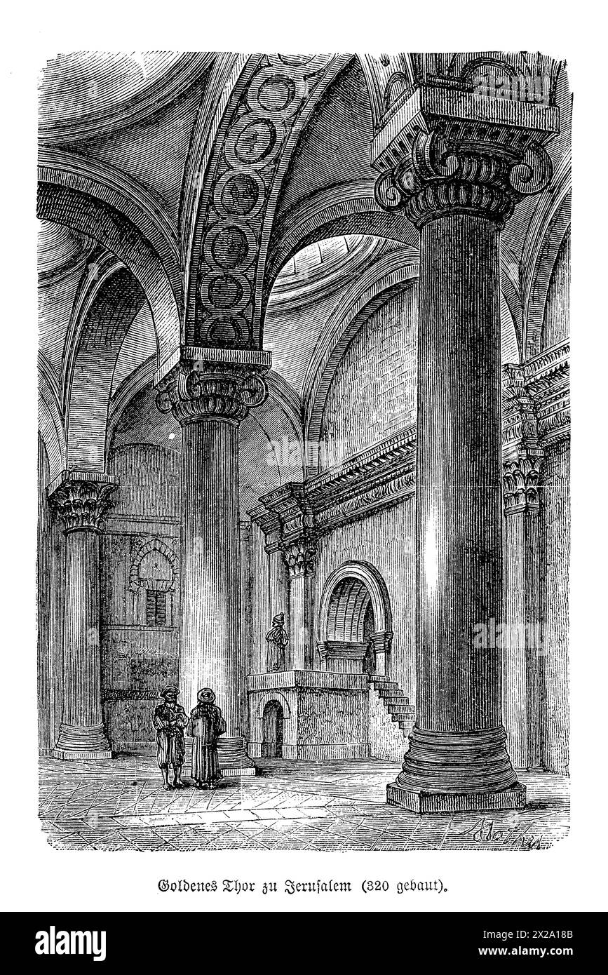 Goldenes Tor des Tempelberges in Jerusalem, ein ikonisches und historisches Tor an der Mauer des Tempelberges in Jerusalem. Das Goldene Tor ist bekannt für seine reiche religiöse Bedeutung im Judentum, Christentum und Islam und soll das Tor sein, durch das der Messias eintreten wird. Die Architektur verfügt über kunstvolle Dekorationen und antike Mauerwerke, die das spirituelle und historische Wesen dieses verehrten Ortes einfangen. Stockfoto