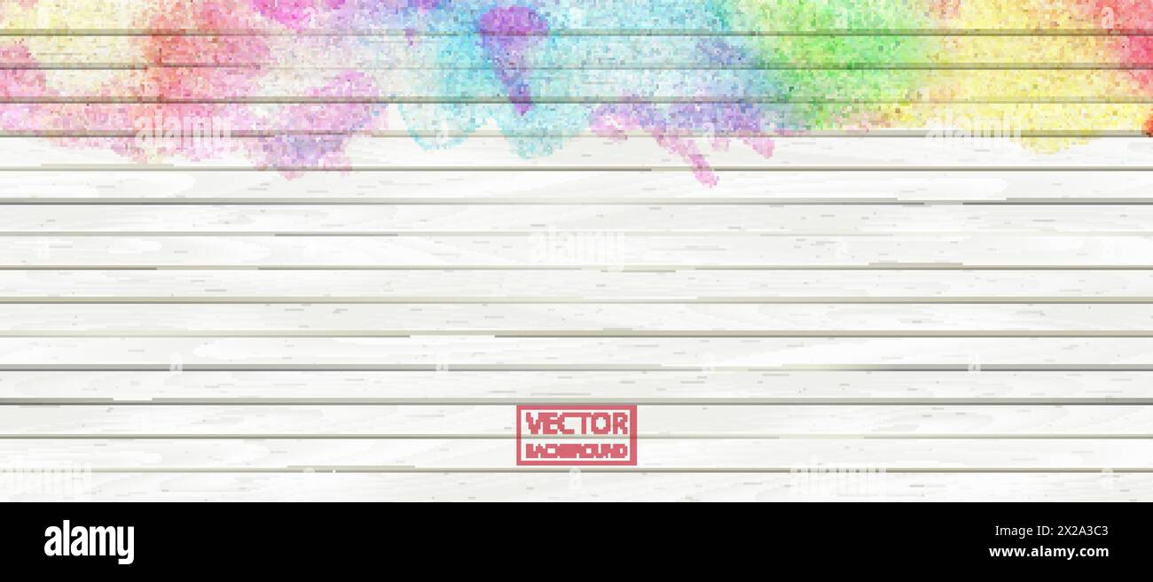 Banner aus Regenbogenholz in Wasserfarben. Holzdiele. Vektorgrafik. Weiß- und Regenbogenmuster, Texturhintergrund, Holzparkett-Kopfzeile Hintergrundstruktur. Stock Vektor