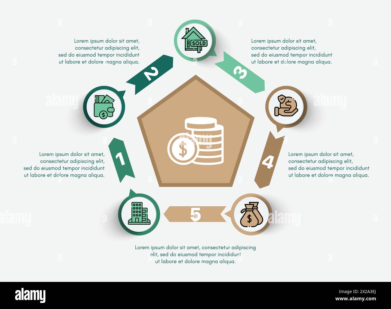 5-stufige Infografiken in Pentagon-Form – Vorlage für Business- und Finanzinformationsgrafiken Stock Vektor