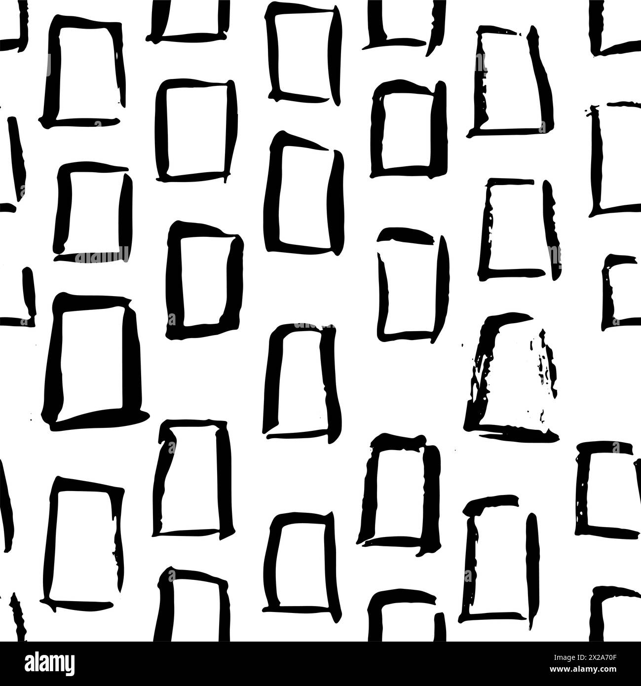 Nahtloses Muster mit handgezeichneter abstrakter Tuschentextur mit quadratischen Ziegeln. Schwarzer und weißer endloser Vektorhintergrund. Stock Vektor