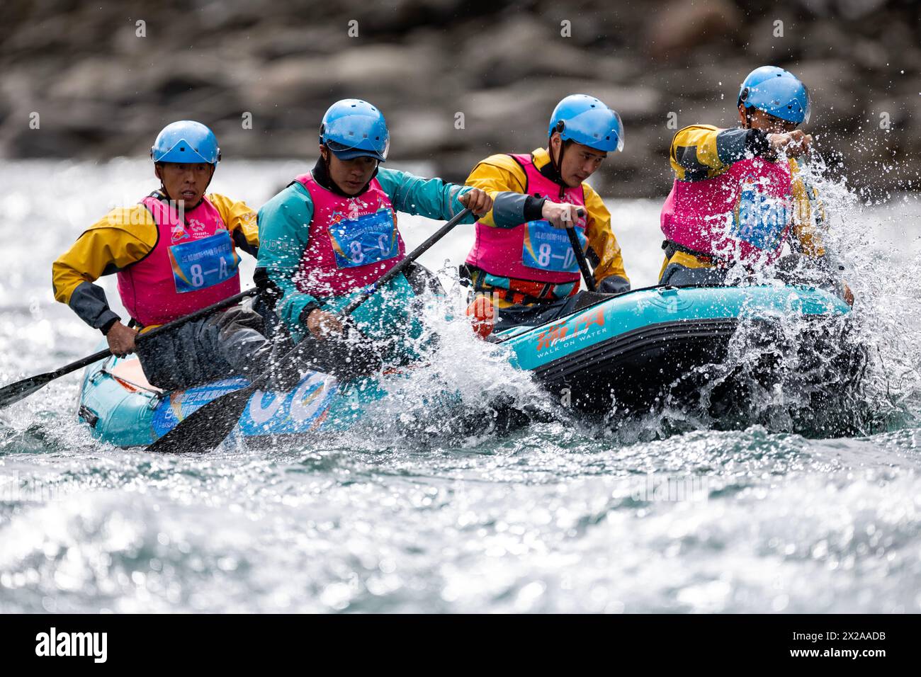 Nyingchi, Chinas autonome Region Xizang. April 2024. Ein Team aus Chengdu tritt am 21. April 2024 bei den Basum TSO International Rafting Open in Nyingchi, der Autonomen Region Xizang im Südwesten Chinas, an. Quelle: Jiang Fan/Xinhua/Alamy Live News Stockfoto